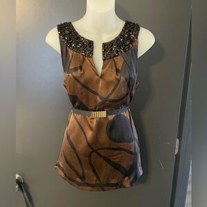 ECI 100% Silk Beaded Sleeveless Blouse Size 8 Brown/Black elegant top